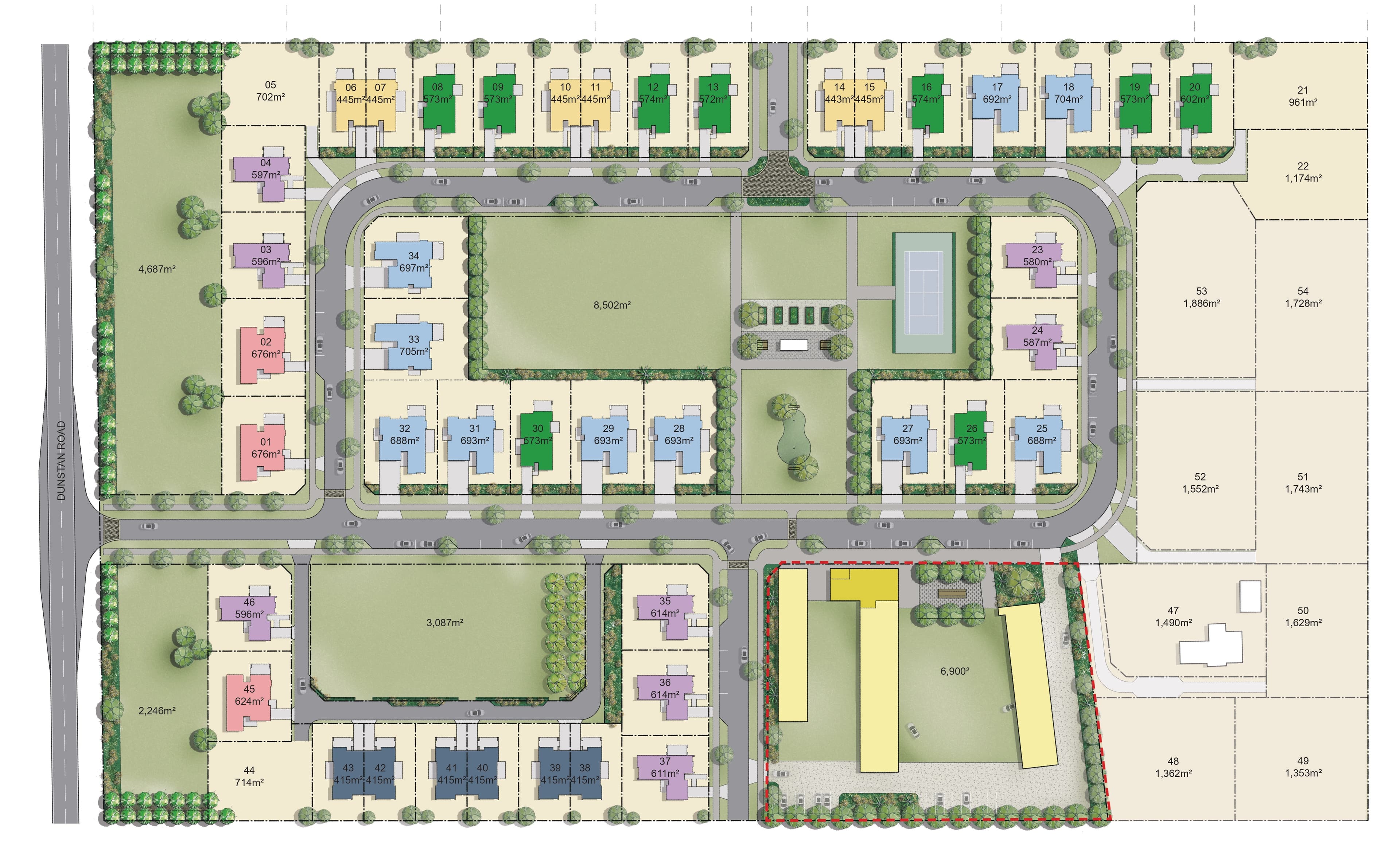 Dunstan Estate concept masterplan showing 54 lots, shared reserves, and community facilities